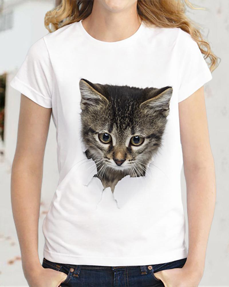

Cat Print Short Sleeve T-Shirt, Style2