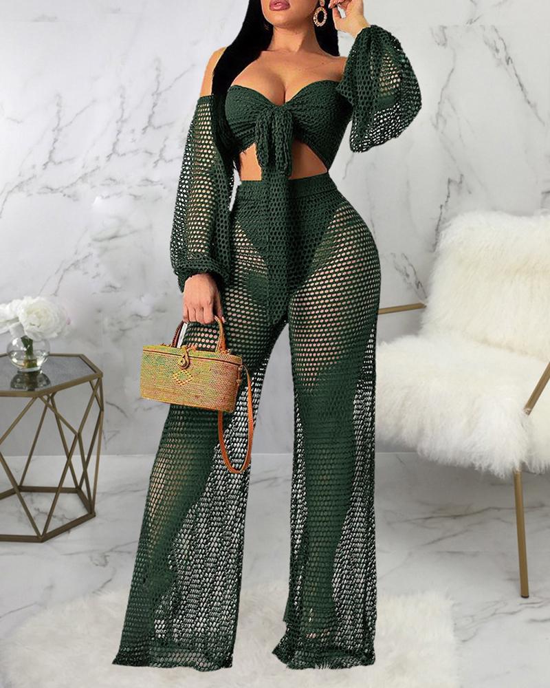 

Off Shoulder Front Tie Tops & See Through Mesh Fishnet Pants Bikini Cover Ups Set, Green