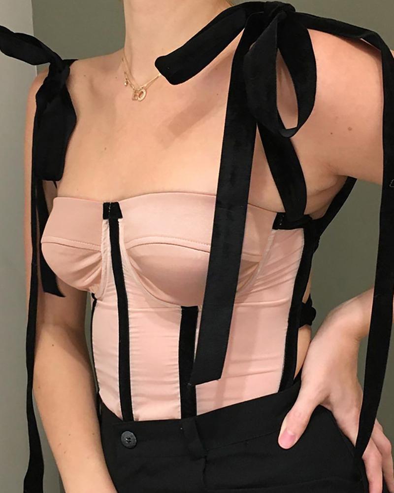 

Off Shoulder Colorblock Tie Detail Top, Pink