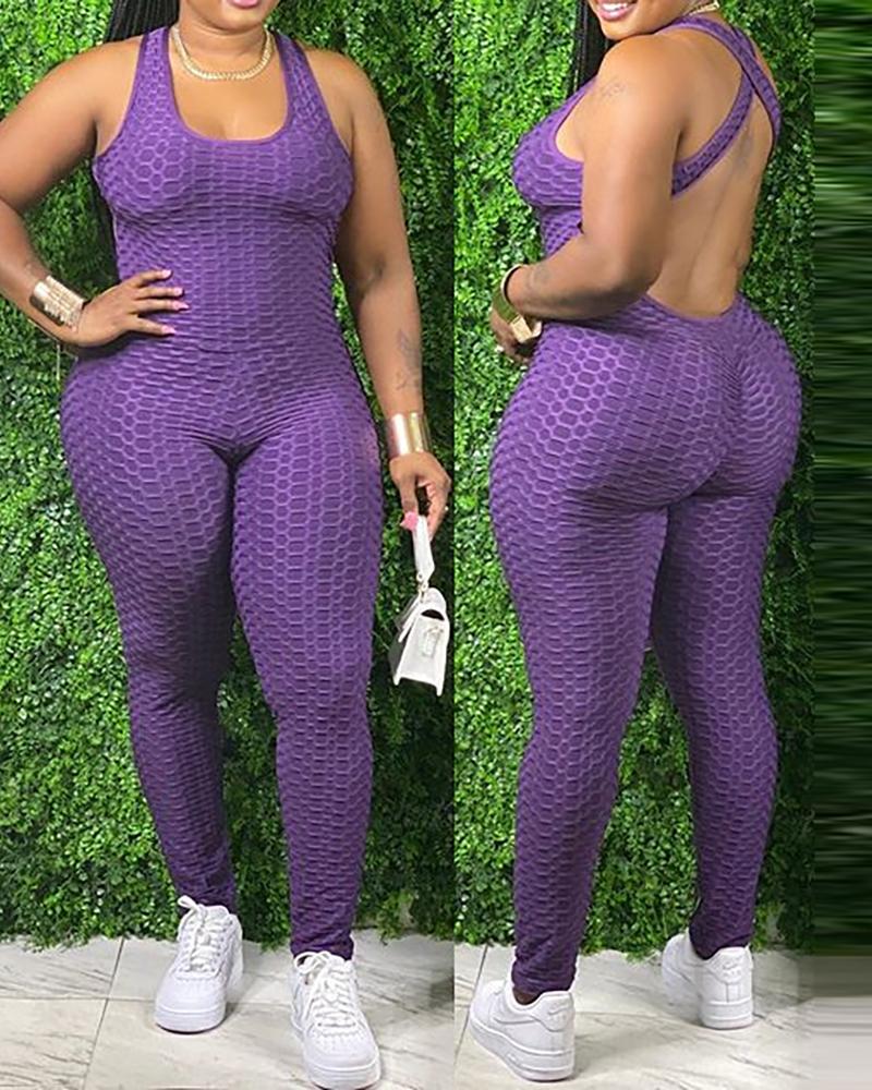 

Plus Size Crisscross Backless Textued Butt Lifting Yoga Jumpsuit, Purple