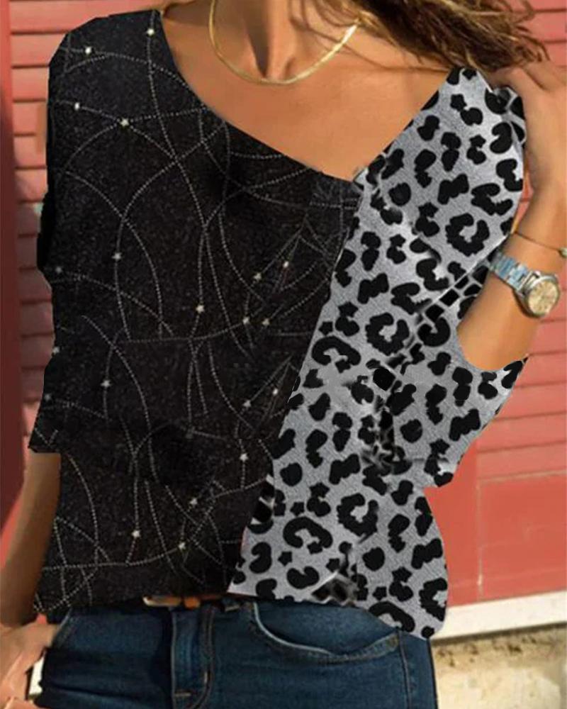 

Splicing Leopard Long Sleeve Shirt, Gray