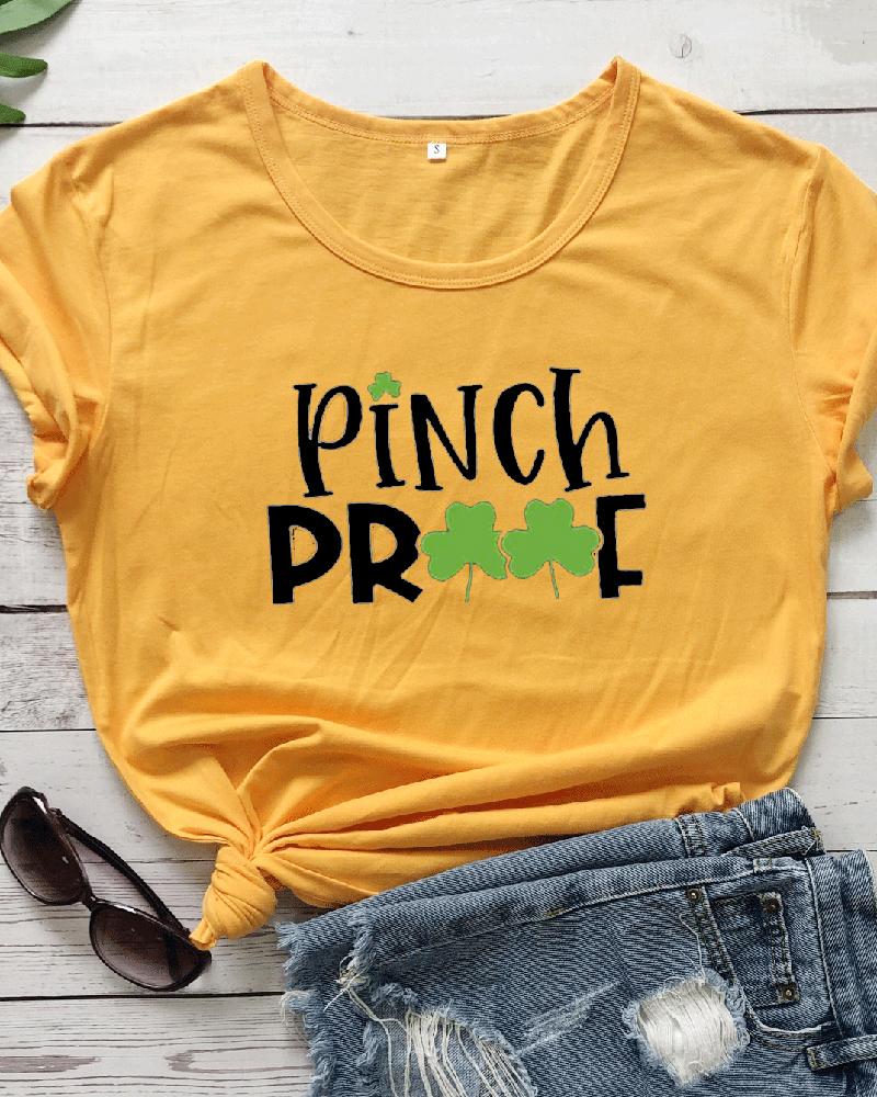 

Letter & Clover Print Short Sleeve Casual T-shirt, Yellow