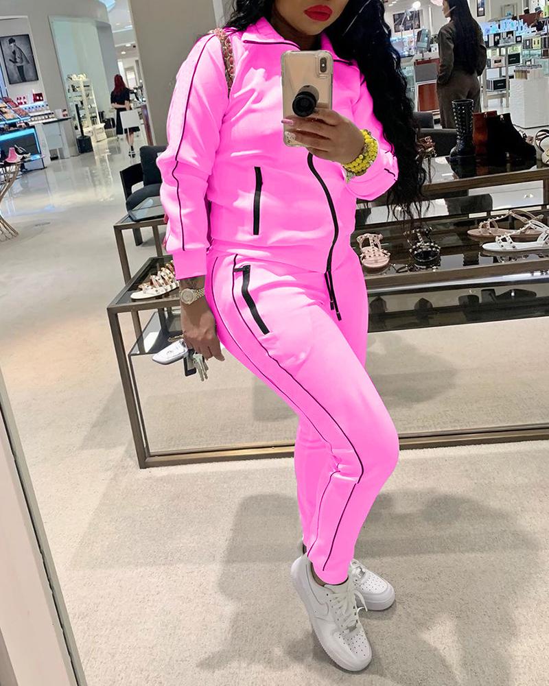 

Striped Colorblock Zip Top & Pants Set, Pink