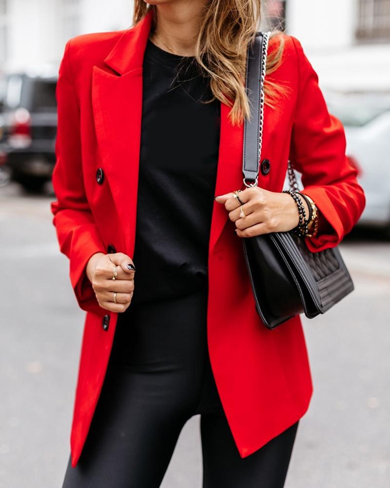 

Solid Long Sleeve Double Breasted Blazer Coat, Red