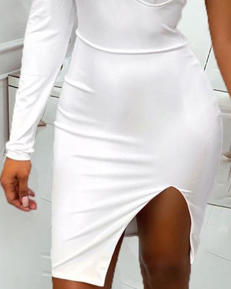 open shoulder slit plain bodycon dress