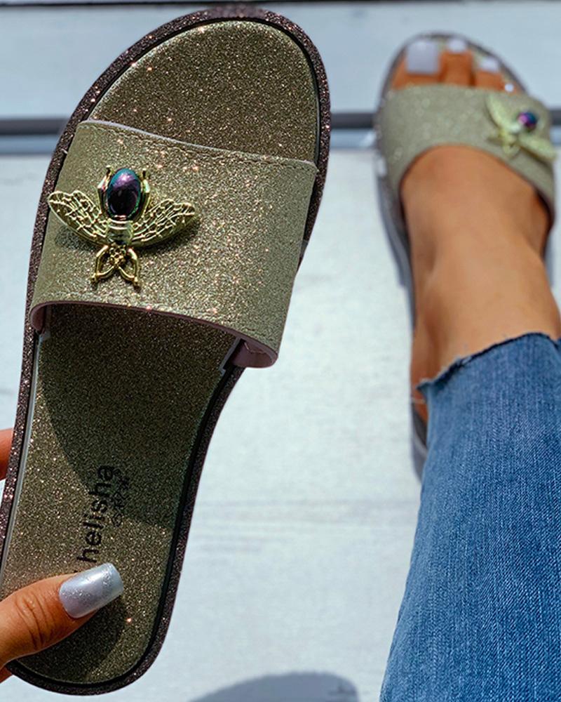 

Animal Pattern Glitter Flat Sandals, Gold