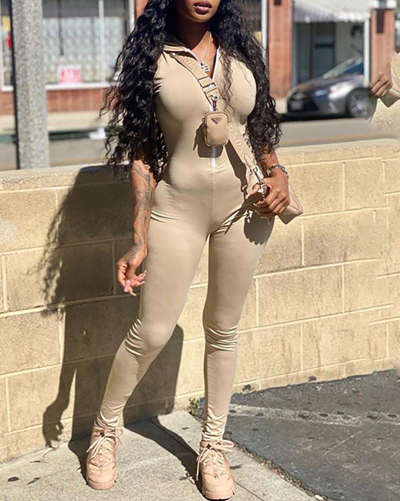 

Zipper Design Short Sleeve Hooded Jumpsuit, Khaki