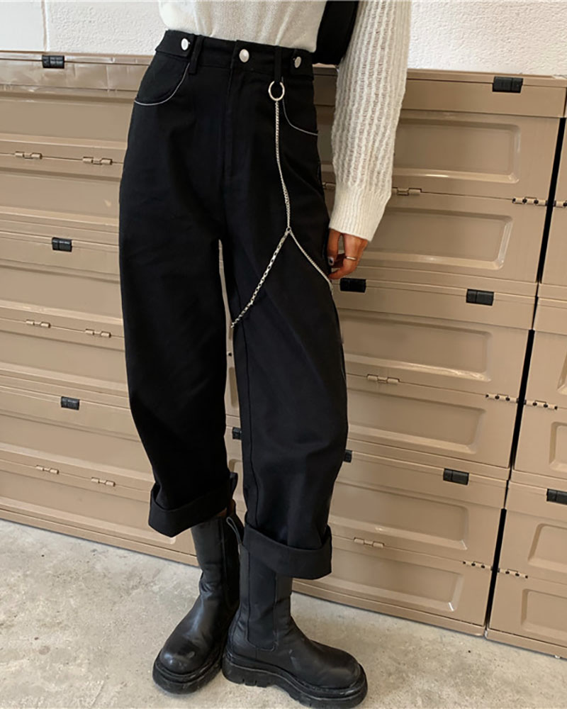 

Button Design Plain Casual Straight Pants, Black
