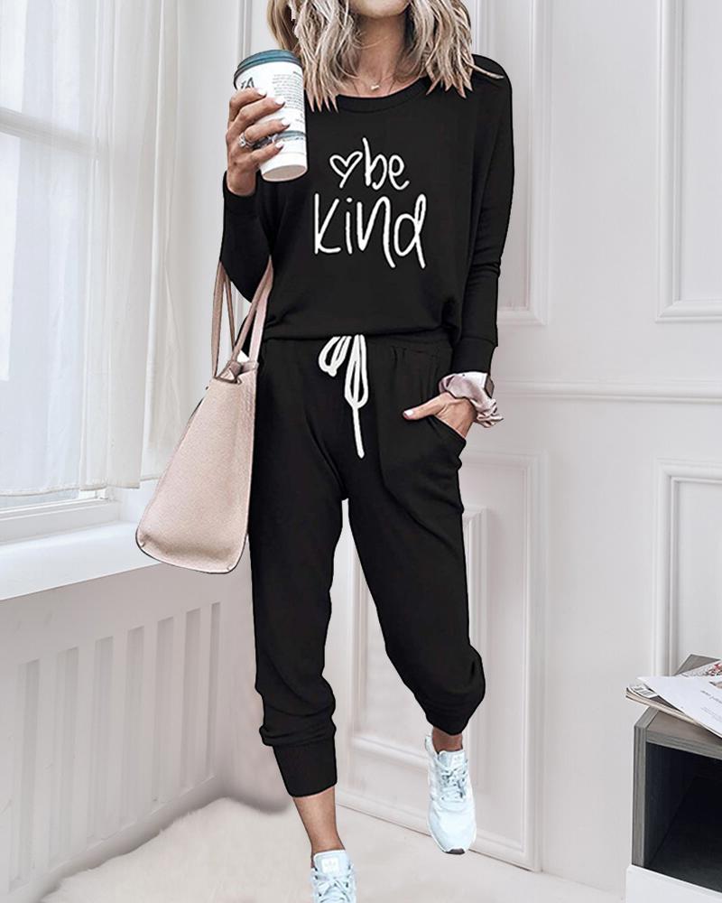 

Letter Print Long Sleeve T-shirt With Sweatpants Suit Sets, Black