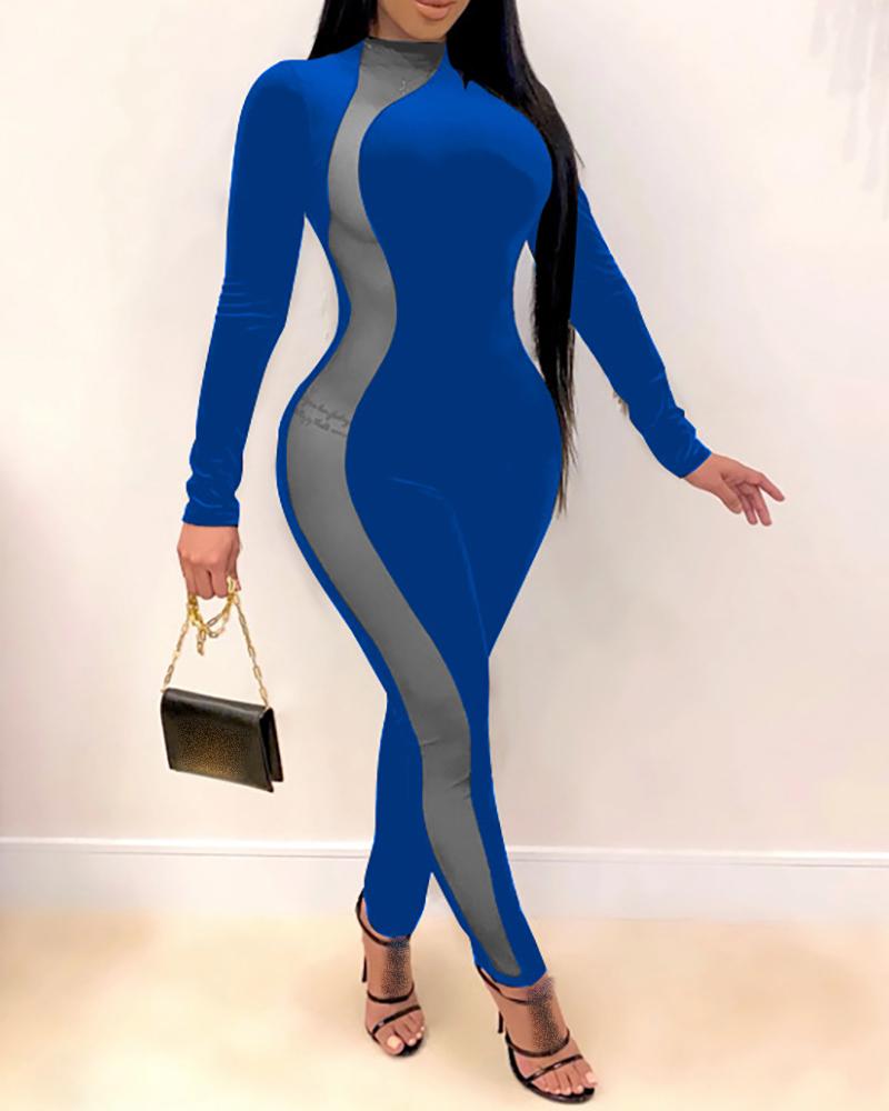 

Sheer Mesh Velvet Jumpsuit, Blue