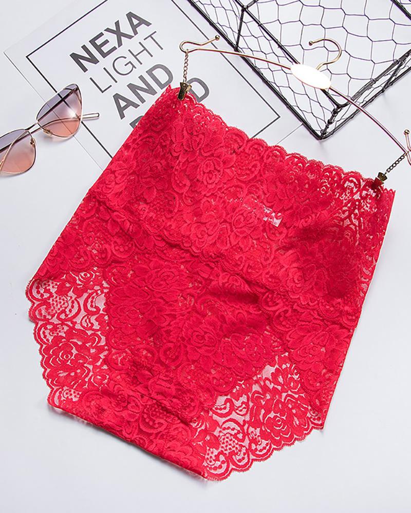 

High Waist Floral Lace Transparent Underwear, Red