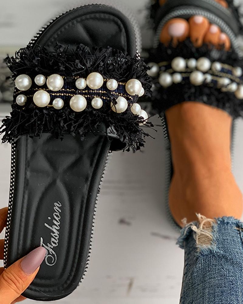 

Beaded Feather Detail Peep Toe Flat Sandals, Black