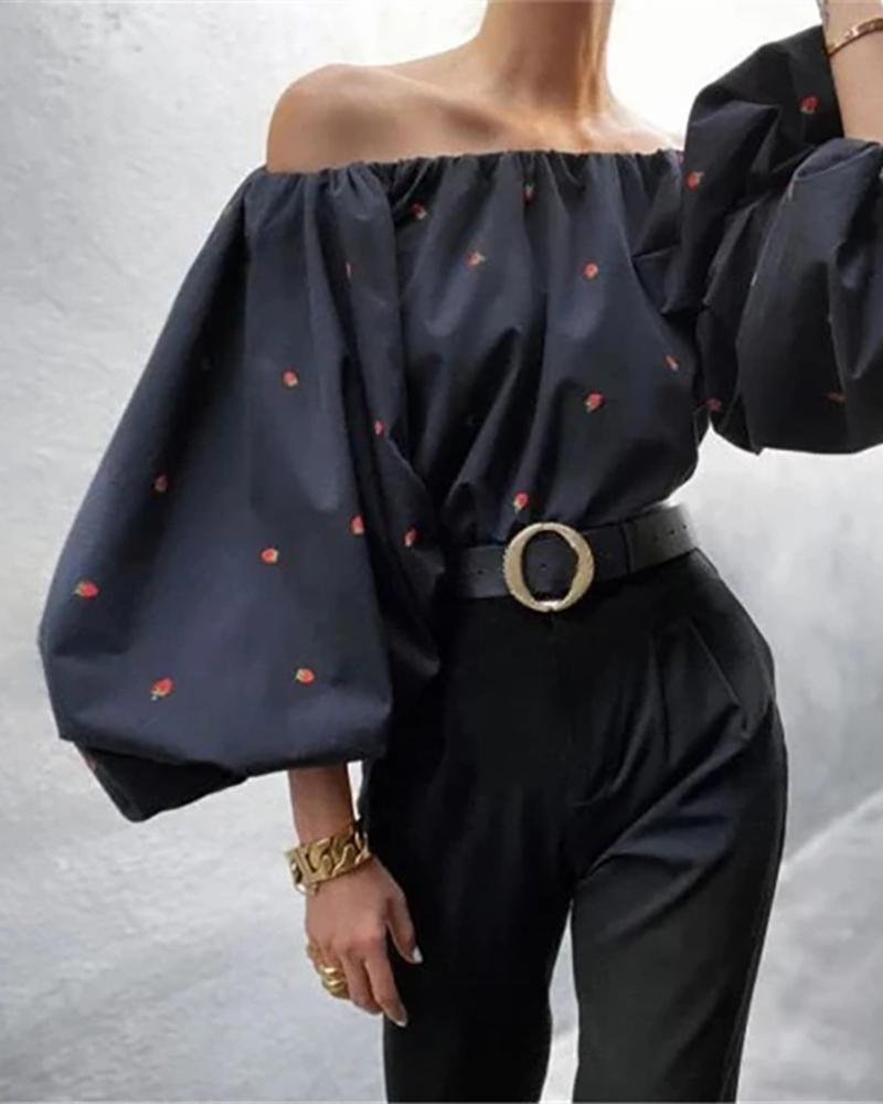 

Off Shoulder Cherry Print Lantern Sleeve Top, Black