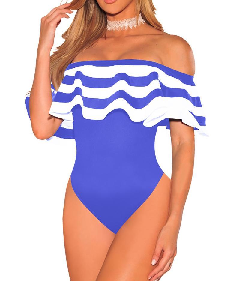 

Striped Flounce Bardot One-Piece Swimsuit, Blue