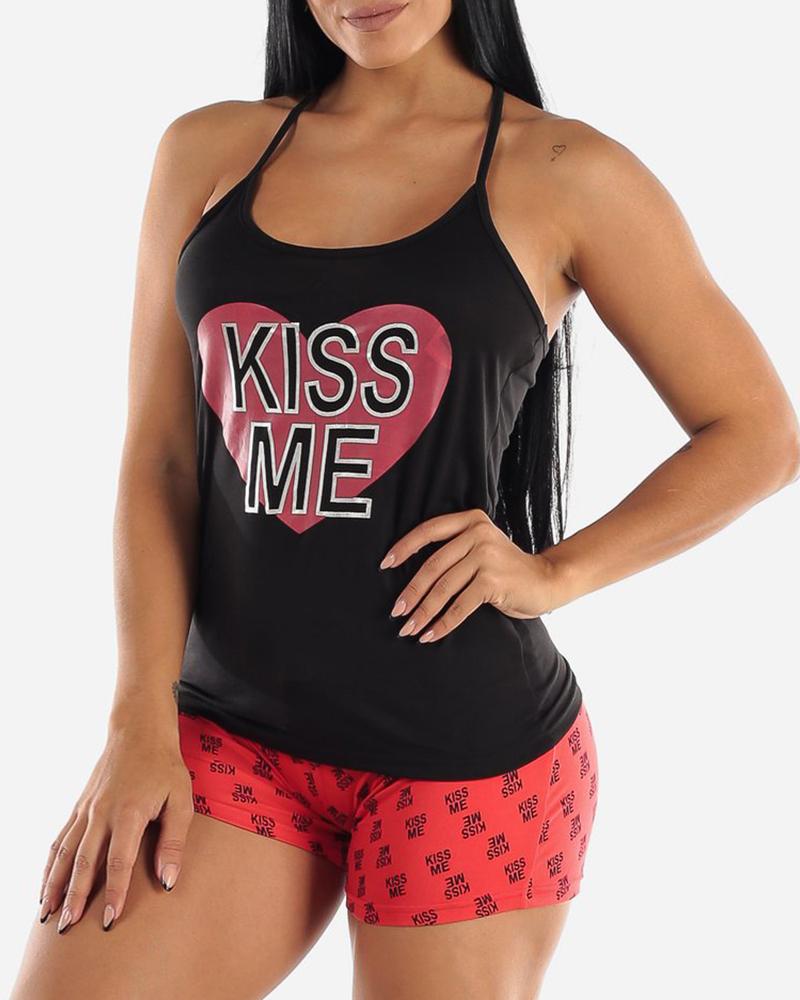 

Letter Print U Neck Cami Set, Black