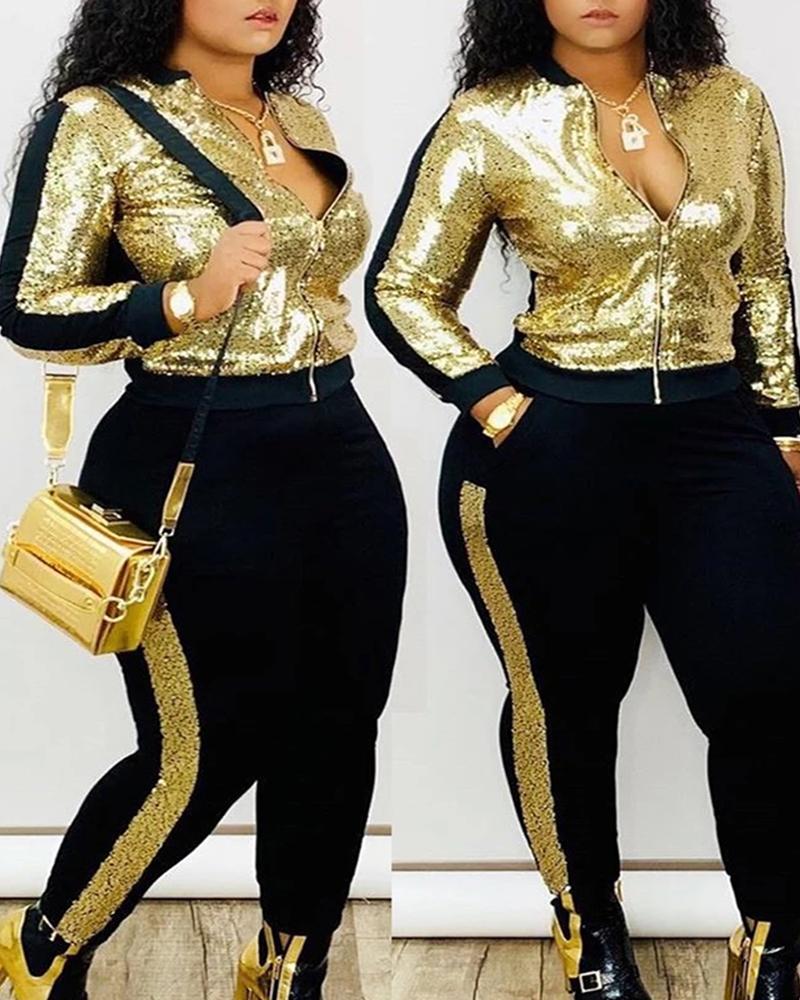 

Sequins Zipper Design Striped Tape Top & Fitted Pants Set, Gold