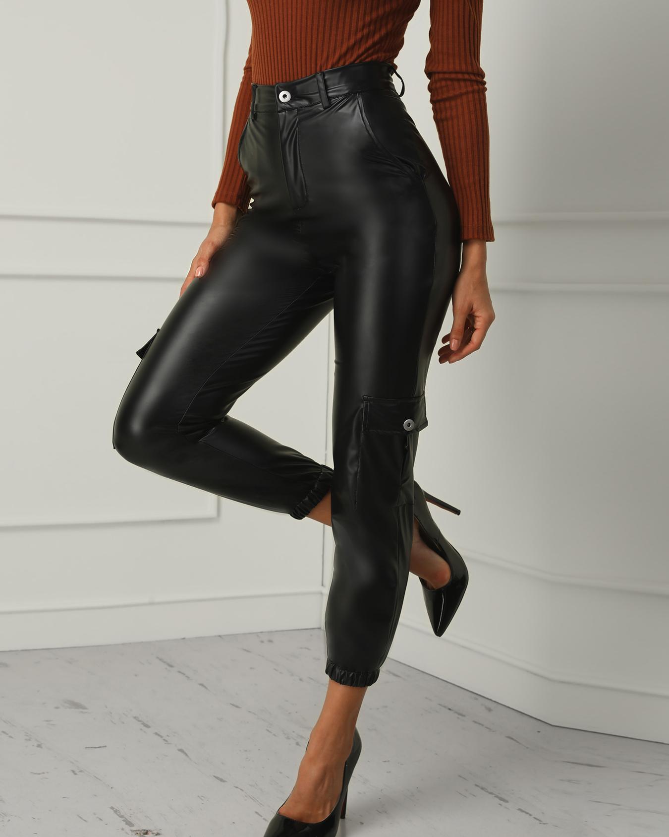 

PU Pocket Design Slinky Pants, Black