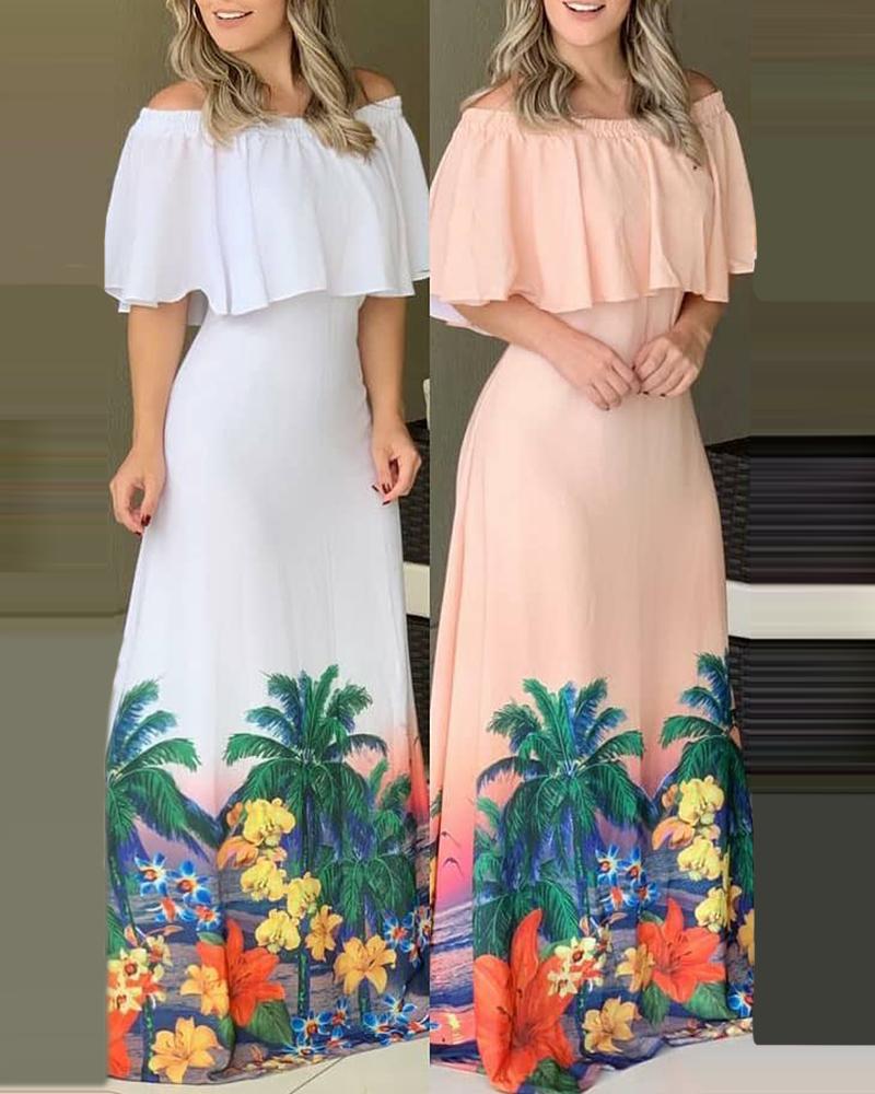 

Tropical Print Off Shoulder Ruffles Maxi Dress, Pink