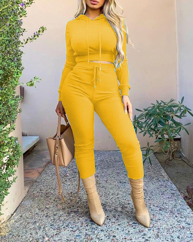 

Plain Hooded Women Top & Drawstring Pants Set, Yellow