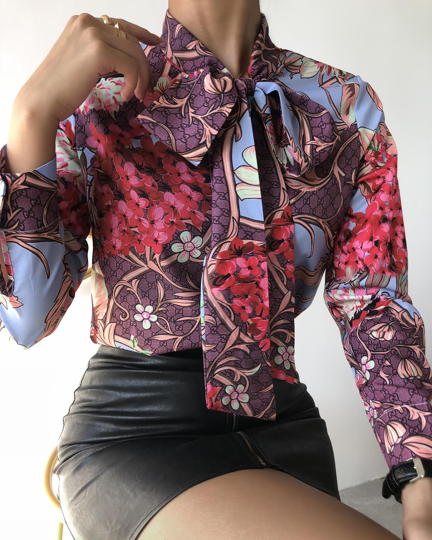 

Floral Print Tie Front Long Sleeve Shirt, Red