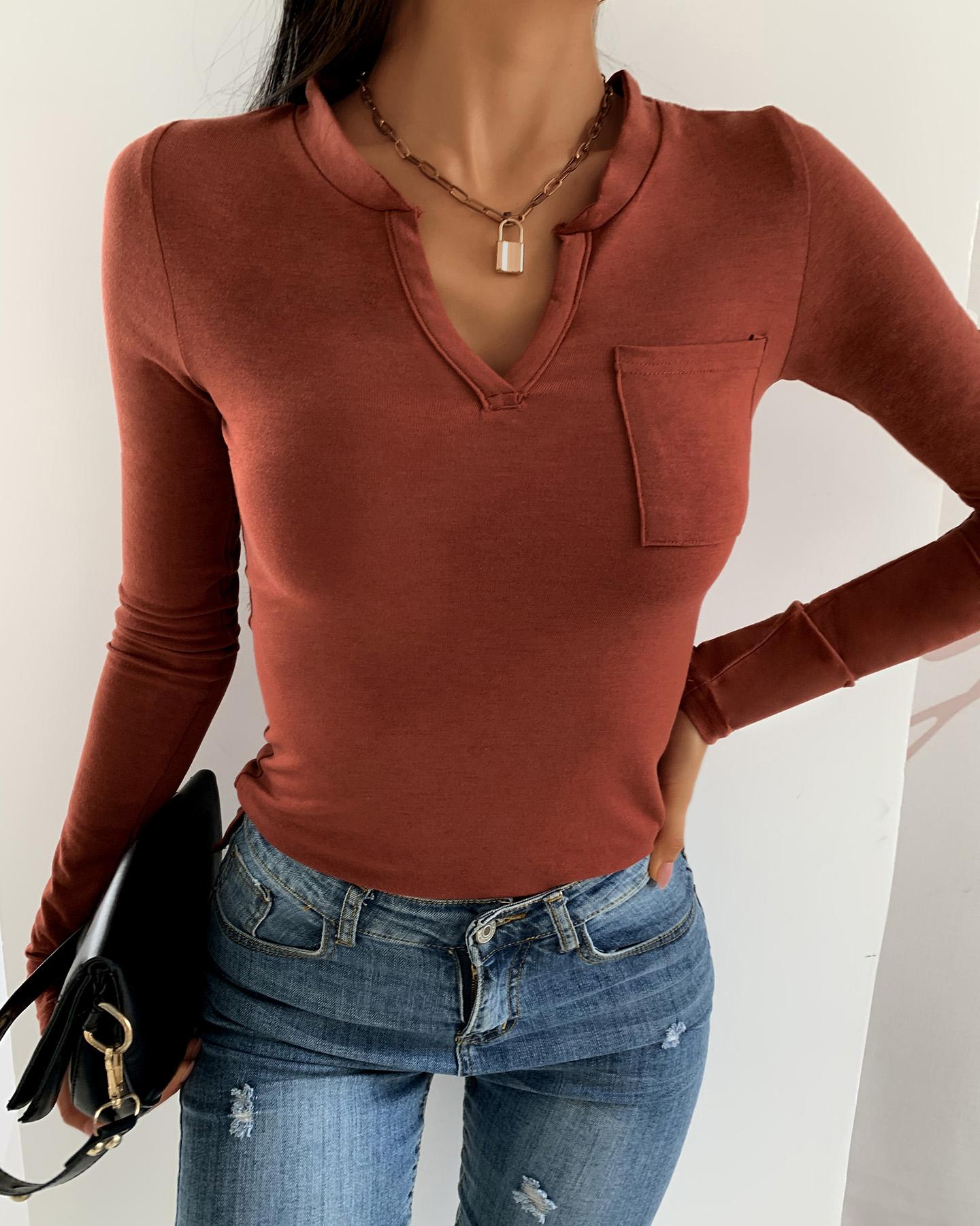 

Pocket Design Long Sleeve Solid Top, Brown