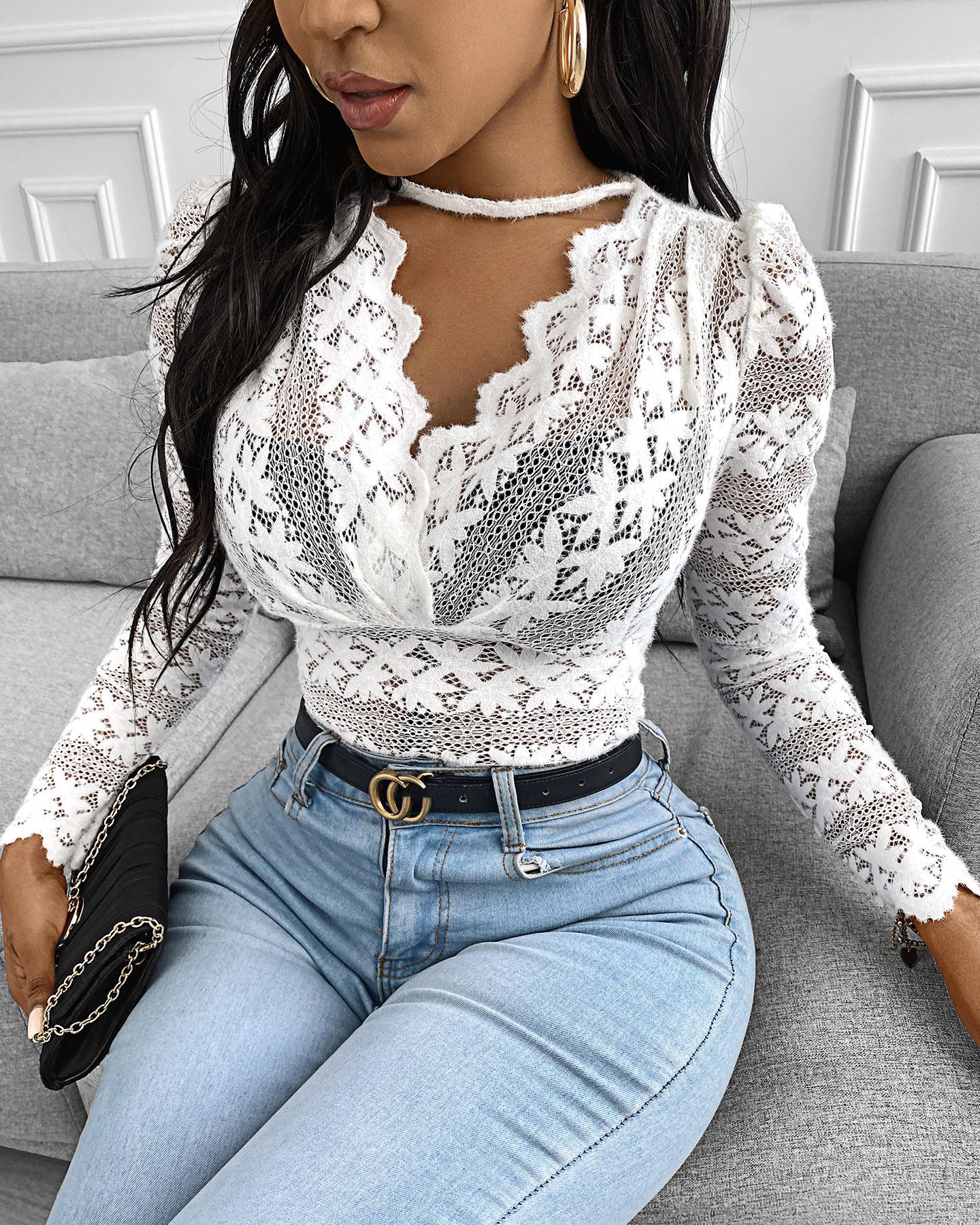 

Crochet Lace Cutout Puff Sleeve Top, White