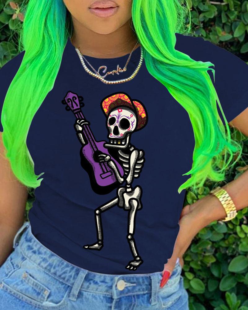 

Skeleton Print Short Sleeve Casual T-shirt, Dark blue