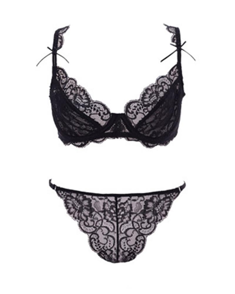 

Crochet Lace Sheer Mesh Lingerie Set, Black