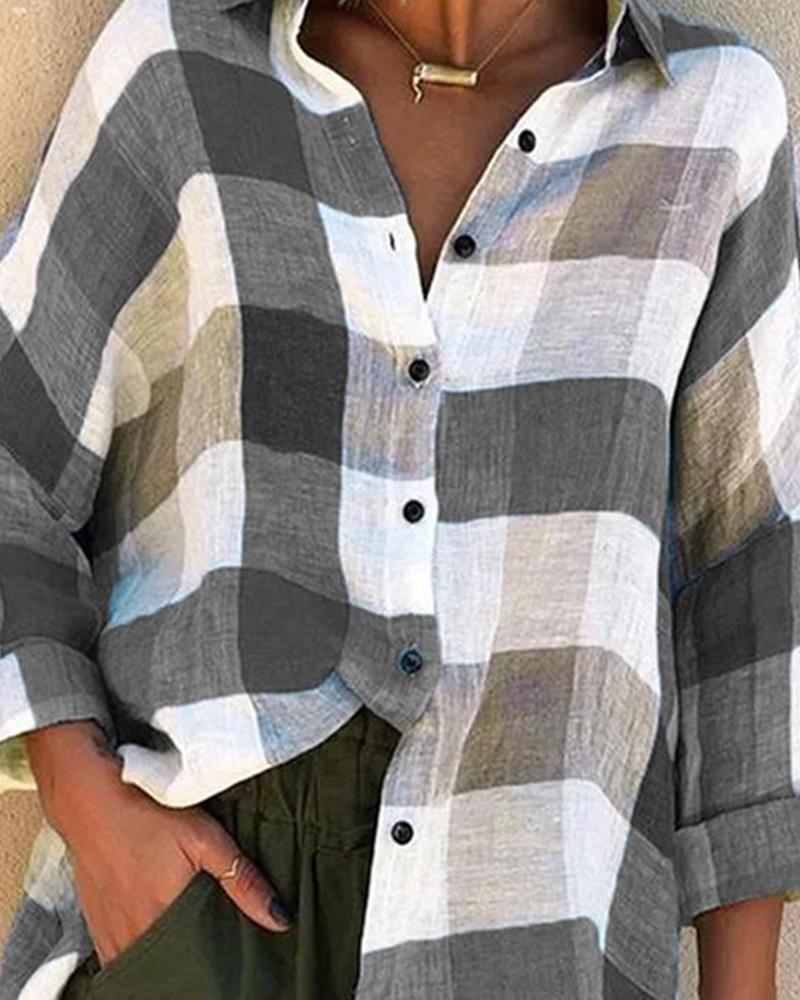 

Colorblock Grid Long Sleeve Shirt, Gray