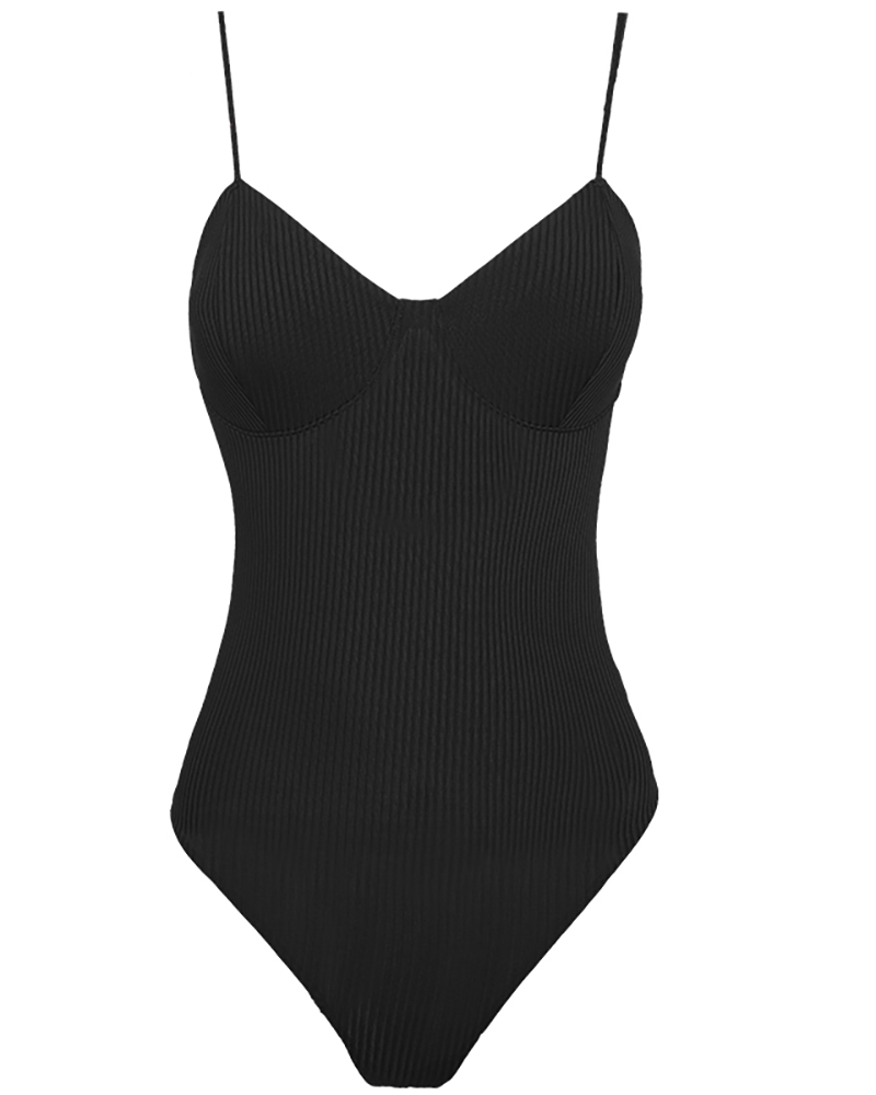 

Spaghetti Strap Plain Ribbed Bodysuit, Black
