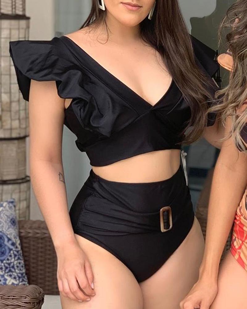 

Solid Deep V High Waist Ruffled Swimsuit, Black