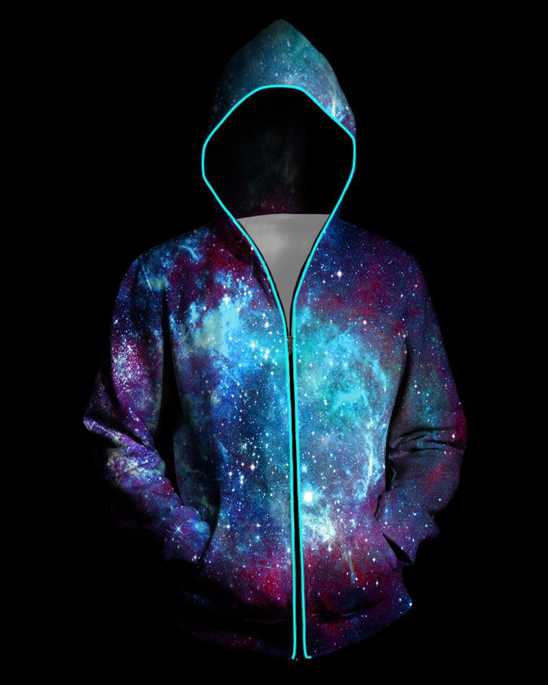 

3D Light Up Hooded Galaxy Print Zipper Battery Powered Jacket, Dark blue