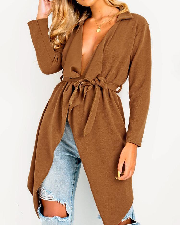 

Solid Long Sleeve Tied Waist Irregular Coat, Brown
