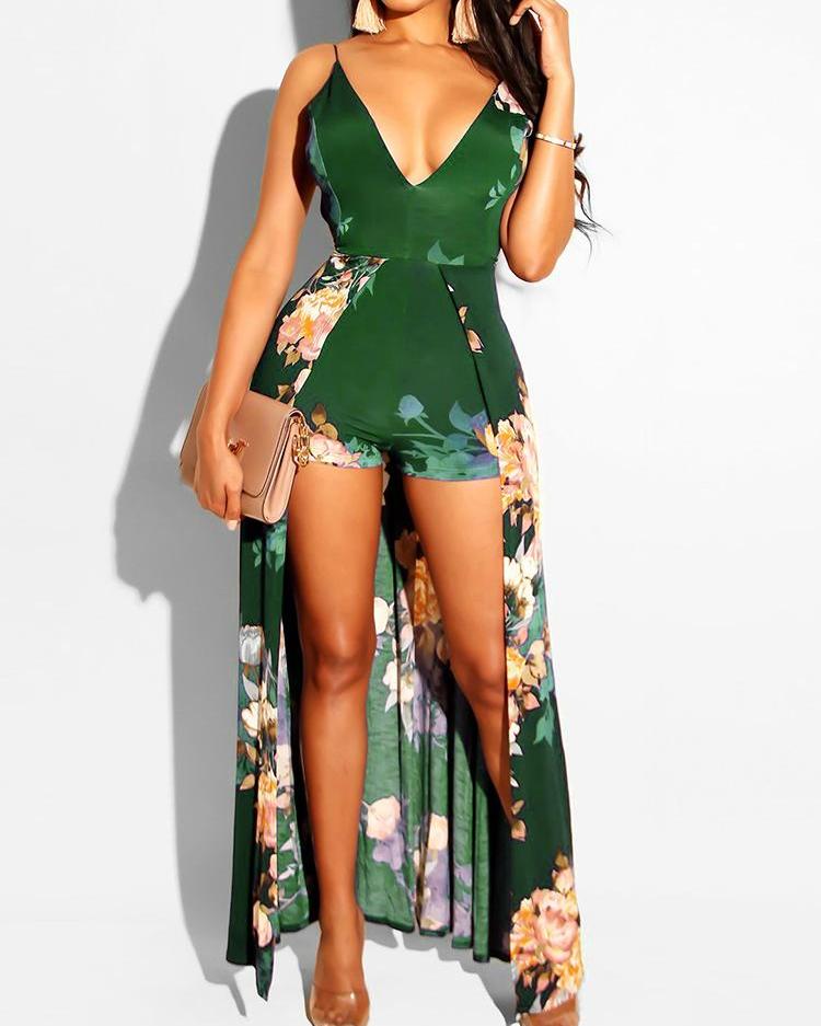 

Floral Print Deep V-neck Romper Maxi Dress, Green