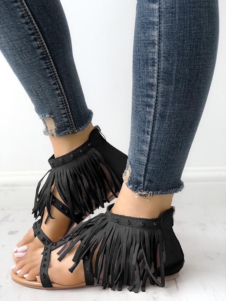 

Rivet Tassel Open Toe Flat Sandals, Black