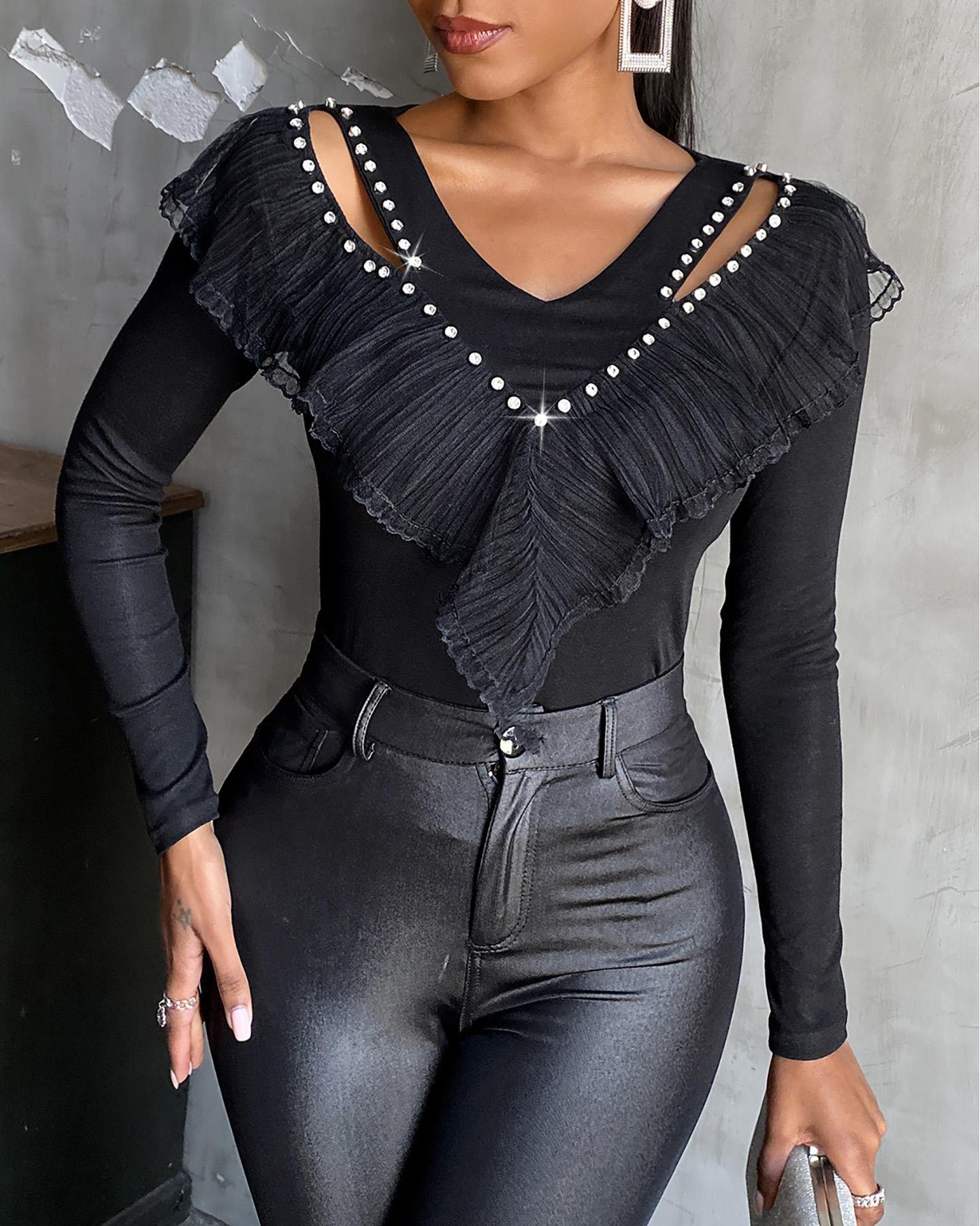 

Studded Cutout Ruffles Top, Black