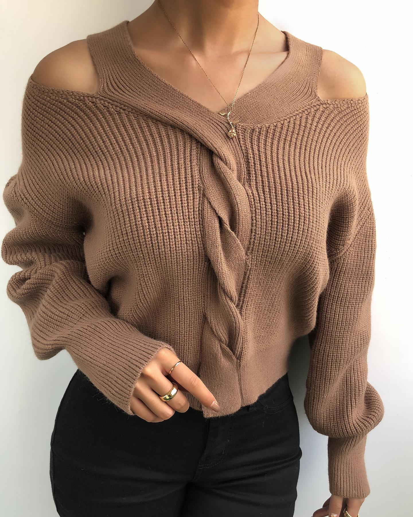 

Cold Shoulder Lantern Sleeve Cable Knit Sweater, Coffee