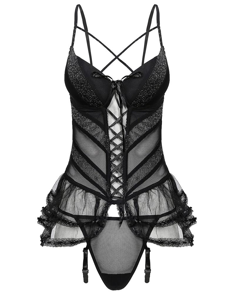 

Sheer Mesh Lace Strap Babydoll With Thong, Black