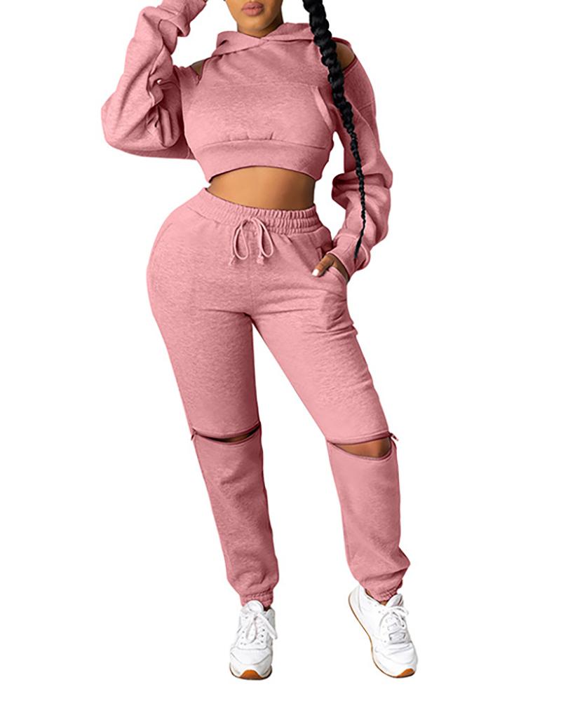 

Cold Shoulder Hooded Crop Top & Drawstring Cutout Pants Set, Pink