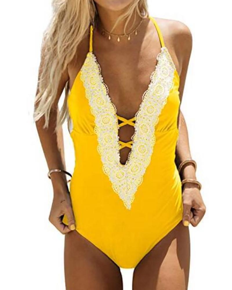 

Women Vintage Lace Bikini Sets Beach Swimwear Bathing Suit, Yellow