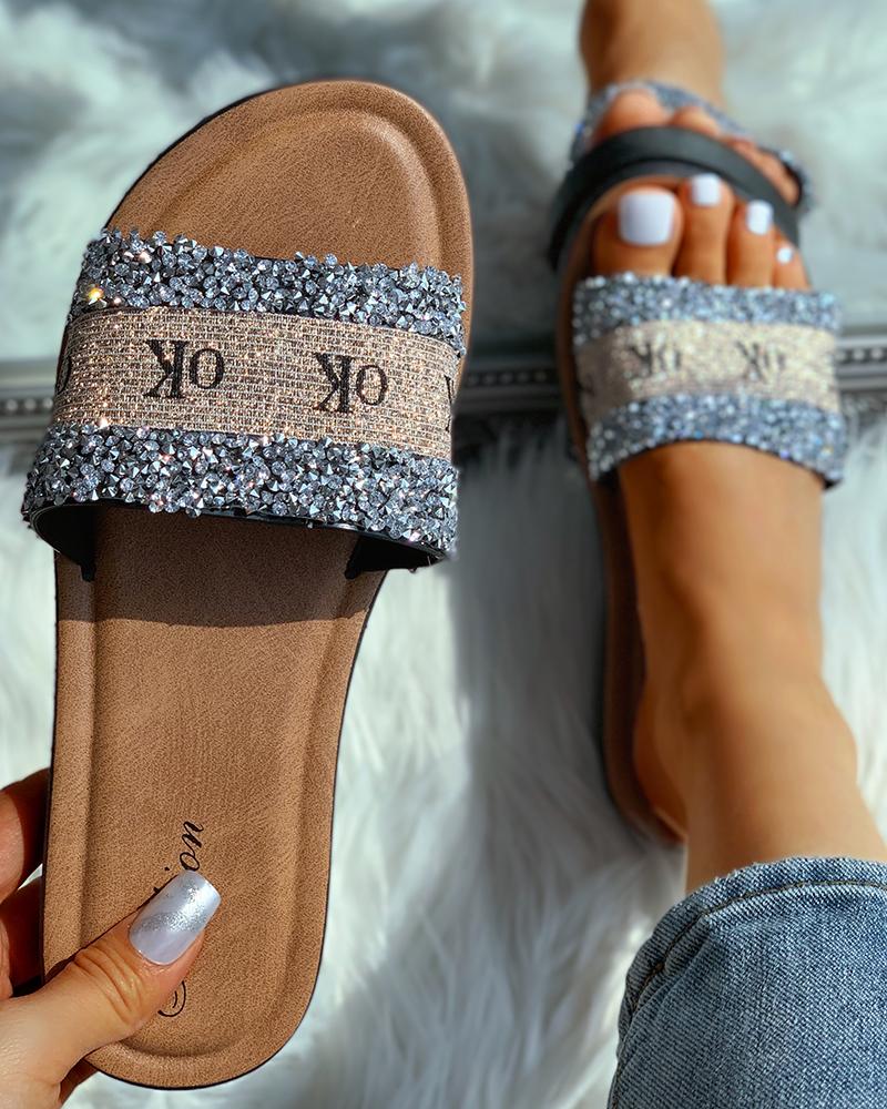 

OK Pattern Sequins Flat Sandals, Silver