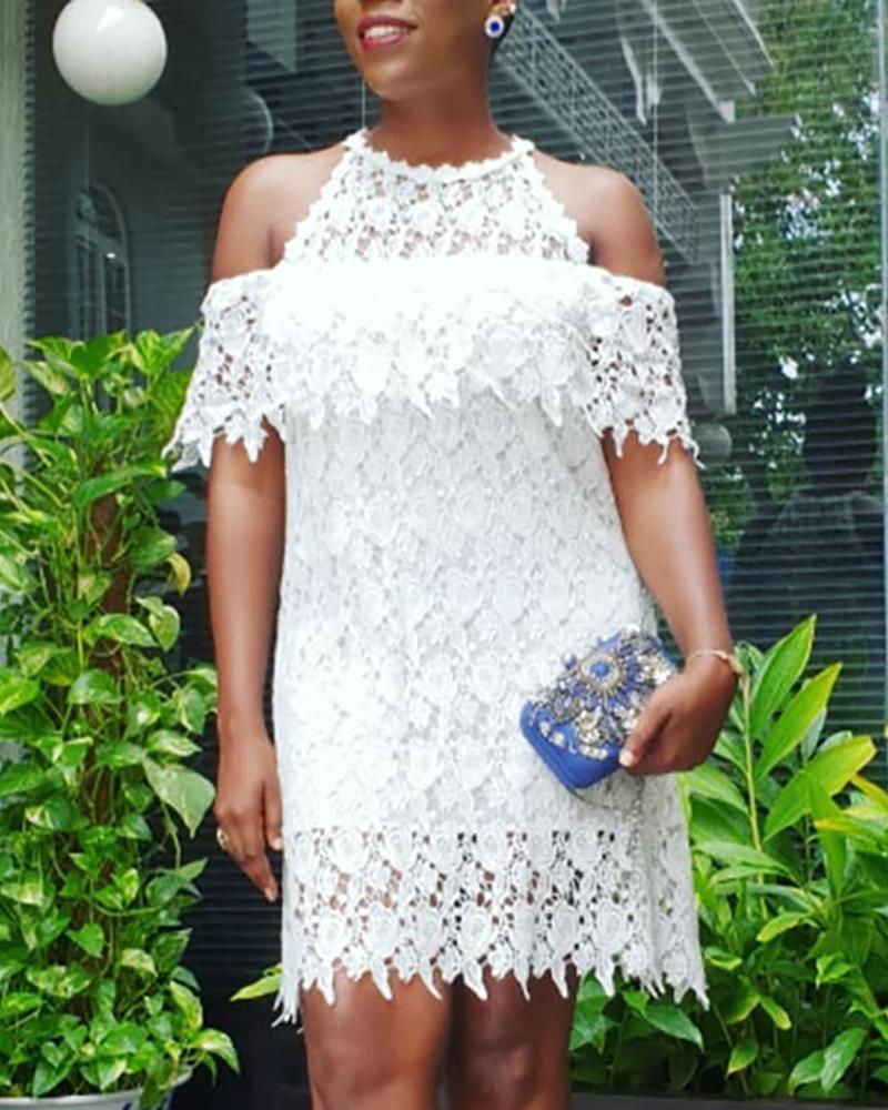 

Cold Shoulder Hollow Lace Mini Dress, White