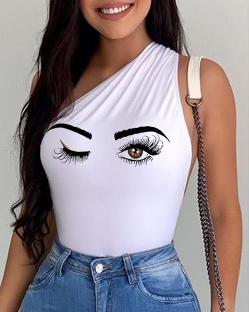 

Girl' Eyes Print One Shoulder Skinny Bodysuit, White
