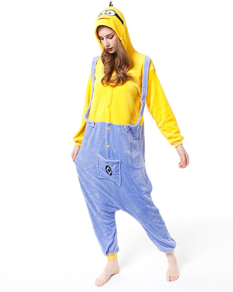 

Button Front Hooded Cartoon Onesie Pajamas, Yellow