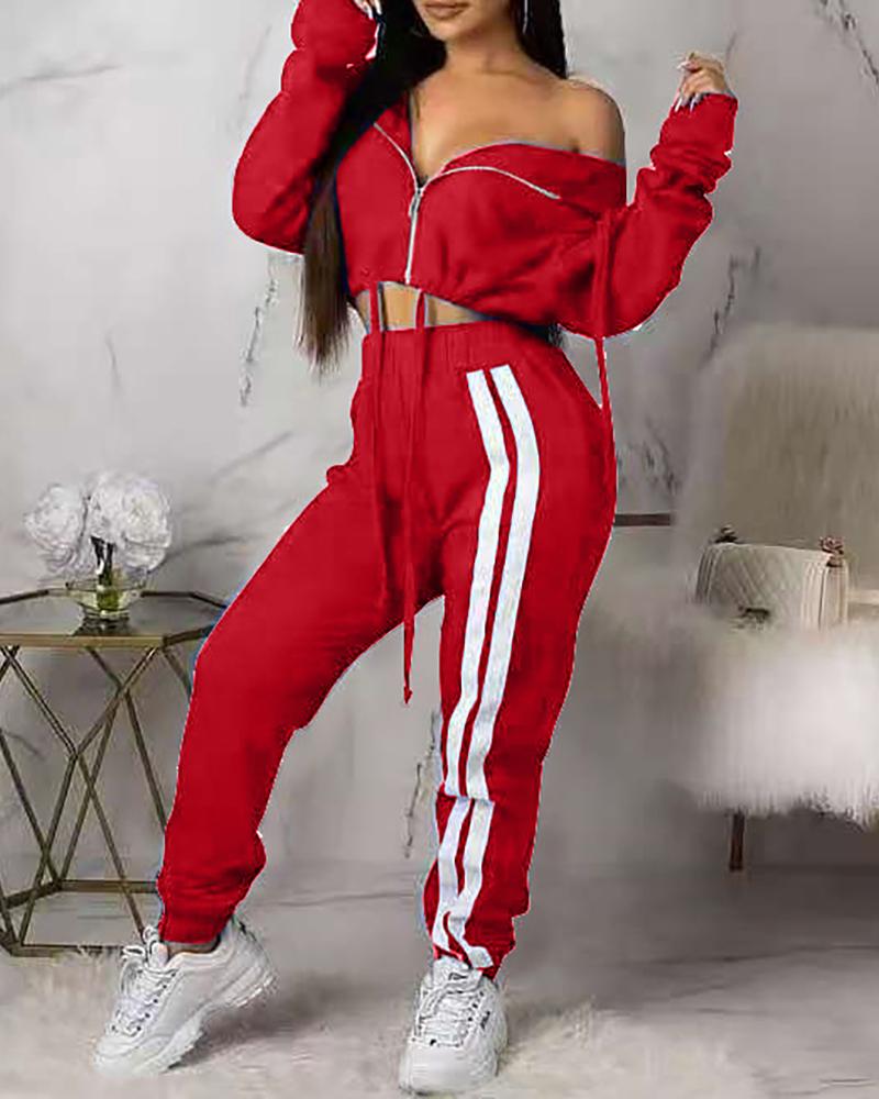 

Zipper Design Striped Tape Top & Pants Set, Red