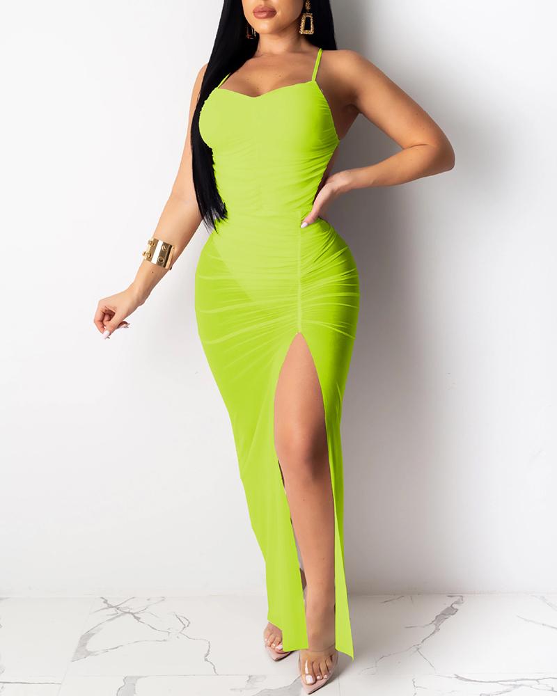 

Spaghetti Strap Ruched Slit Backless Party Dress, Green