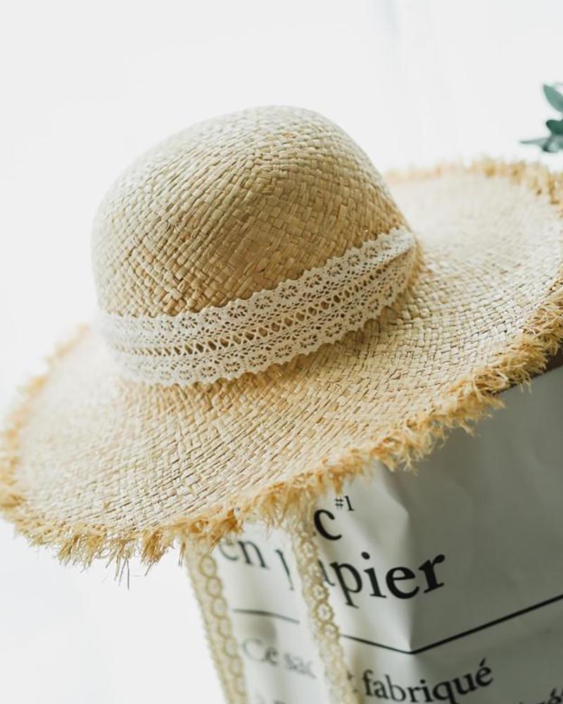 

Straw Lace Insert Wide Brim Tassel Sun Hat, Khaki