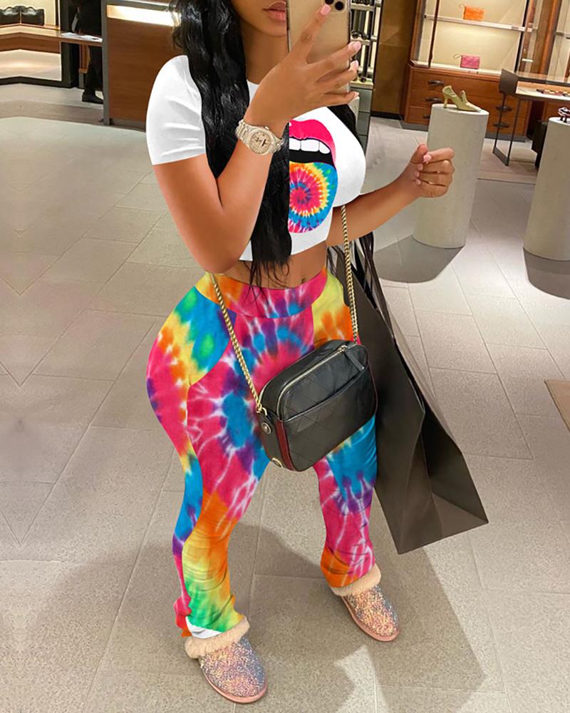 

Lip / Cheetah / Tie Dye Print Top & Ruched Pants Set, Multicolor