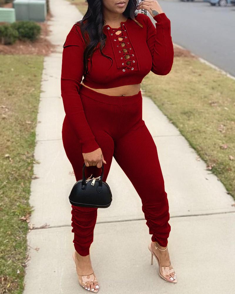 

Plain Eyelet Lace Up Top & Pants Set, Wine red
