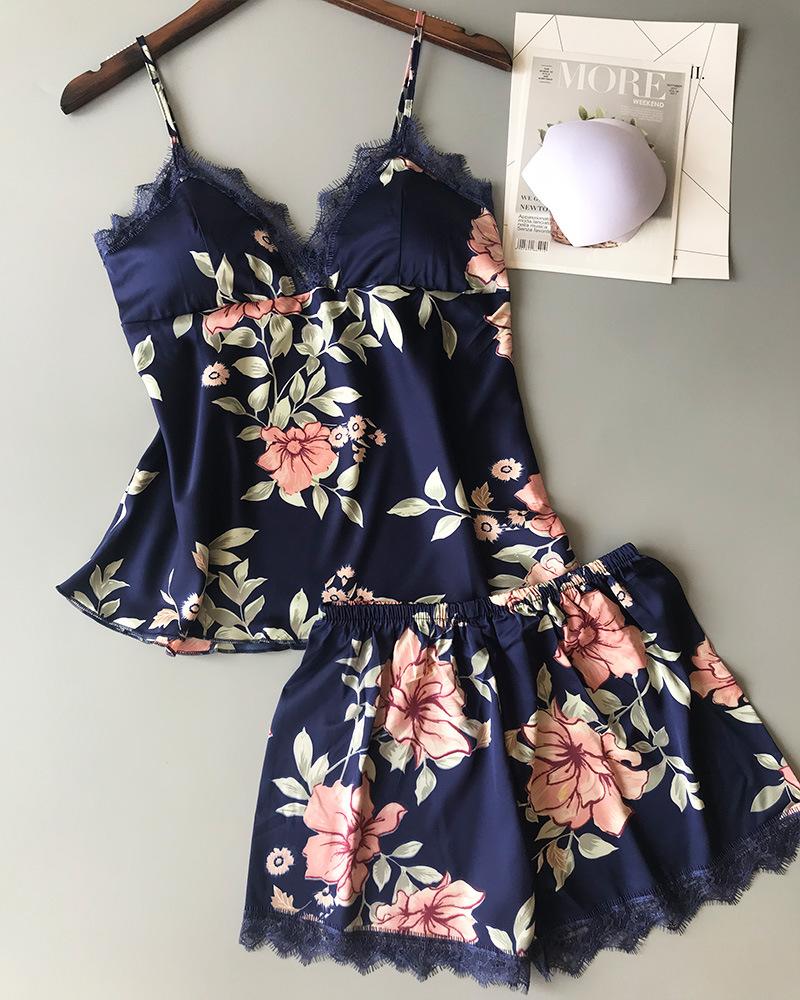 

Floral Print Lace Trim Cami Sets, Dark blue